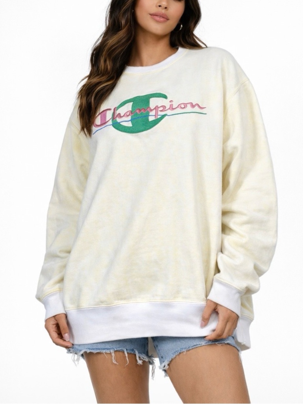 Vintage Champion sweatshirt SZ LG Pale yellow embroidered pull over spell out
